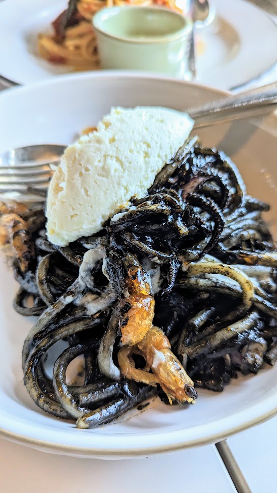 Grand Amari pasta Squid Ink Bucatini with whole bay shrimp, squid, tomato, and whipped ricotta