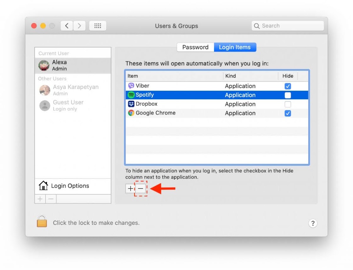 Click on the "-" button below the list to remove Spotify from the login items on macOS.