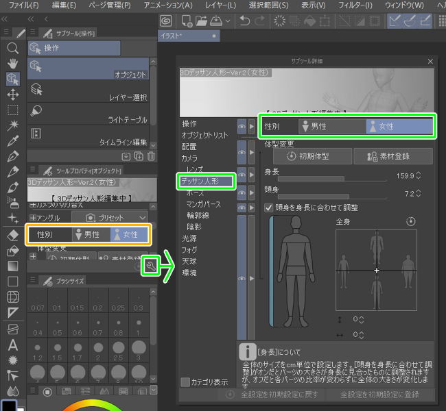 クリスタ3Dデッサン人形設定「性別」