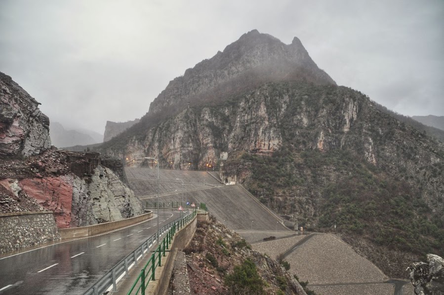 Mountains and koman dam at Drini Lake in Shkoder County, Albania