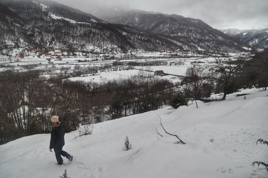 Looking down onto snowy Vermosh Valley, Shkoder County, Albania in the winter