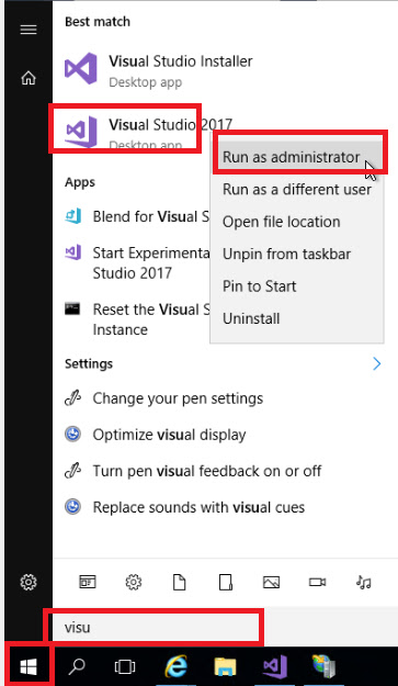 Type Visual Studio in the search box. Right-click on the Visual Studio application that shows in the search results. Select the Run as administrator option from the context menu.