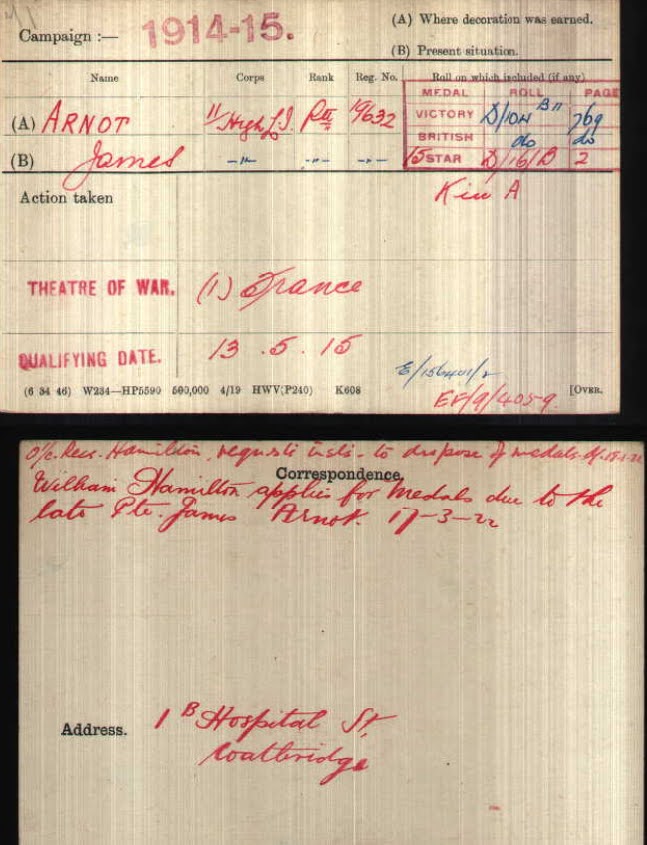 James Arnott (Arnot) Medal Index Card