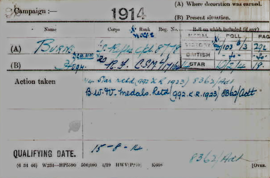 Hugh     Burns  D.C.M. M.M. Medal Index Card