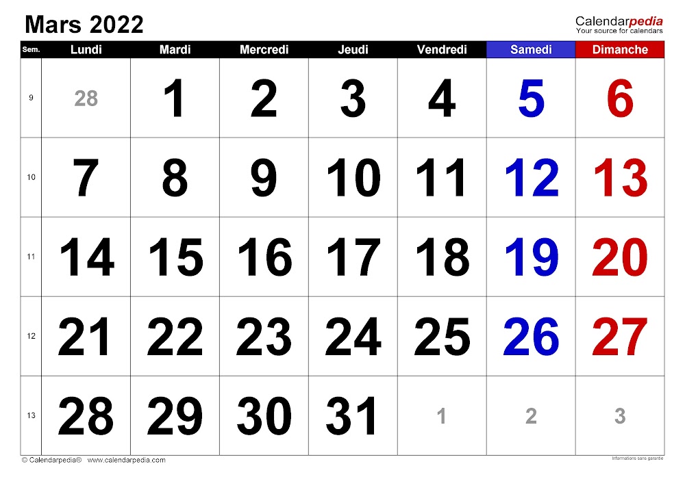 calendrier du mois de mars