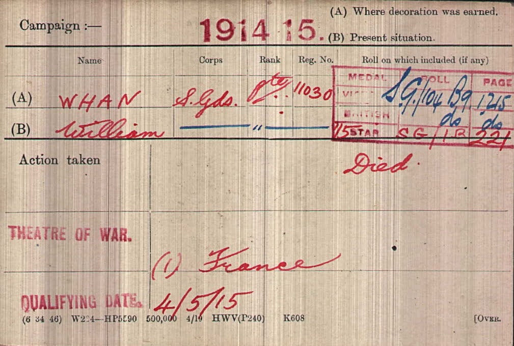 William John Whan (Whann) Medal Index Card