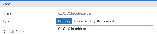 Go to the Global Load Balance > Zone Tools > Zone (tab) and select Create New. In this example, 0.10.10.in-addr.arpa is used as the zone name.