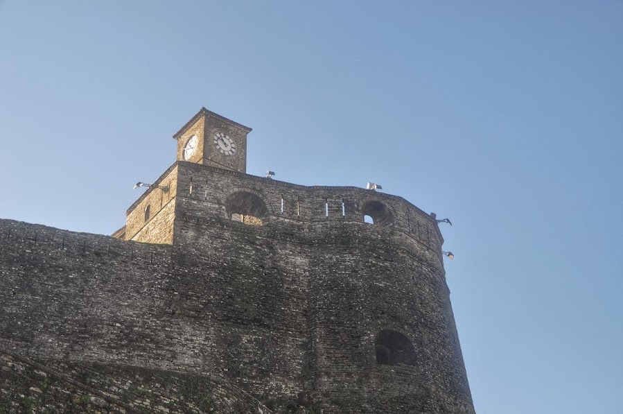 A drone picture of the clock tower in  Gjirokaster Castle in Gjirokaster, Albania