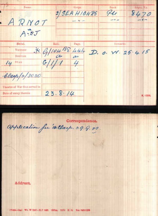 Alexander Johnston H Arnott (Arnot)'s Medal Index Card