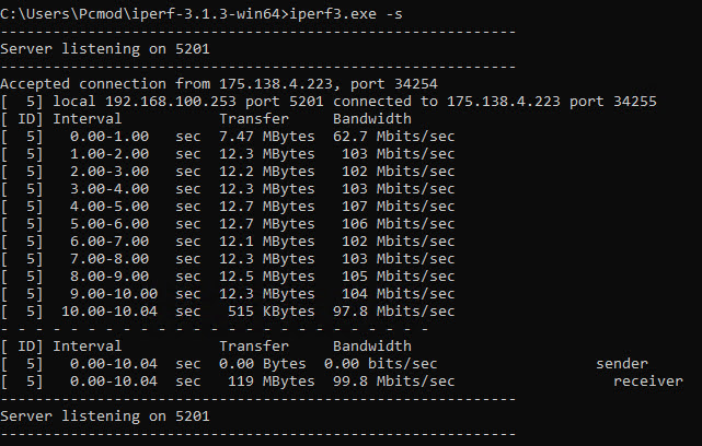 Run the command: iperf3.exe -s