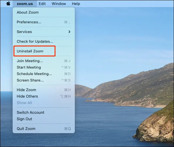 Click on the zoom.us in the menu bar located at the top of the screen. Select the Uninstall Zoom option.