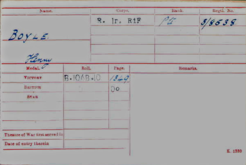 Thomas Henry Boyle Medal Index Card