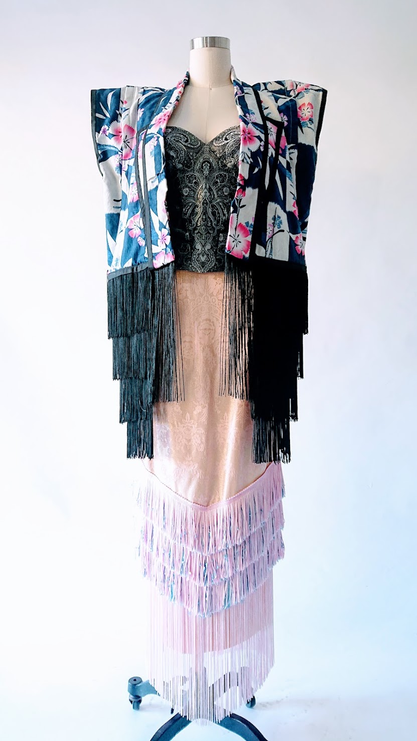 Paisley corset and fringed midi skirt and yukata blazer | ReCollection Collaboration Outfit