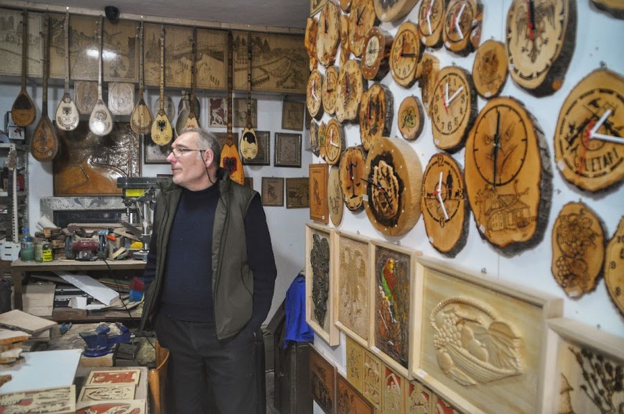 A man in his wood workshop in Fushe Arrez, Shkoder County, Albania