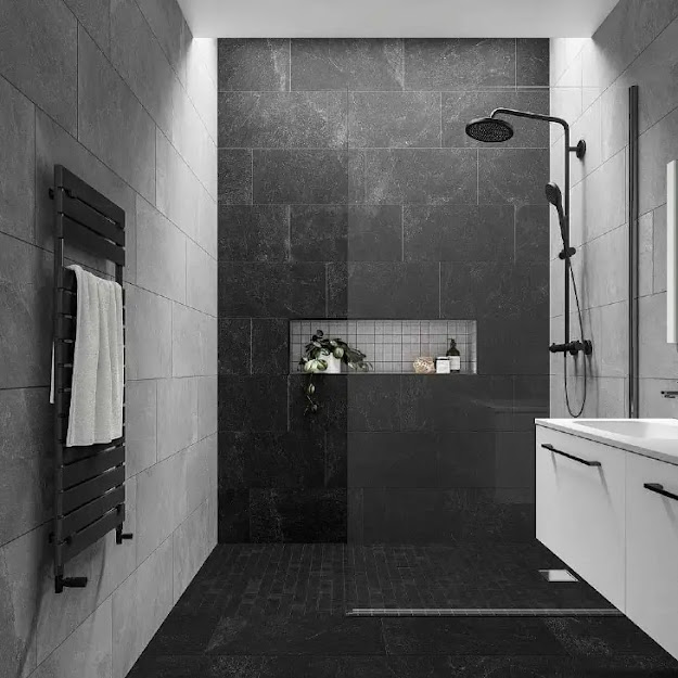 lantai warna hitam di kamar mandi