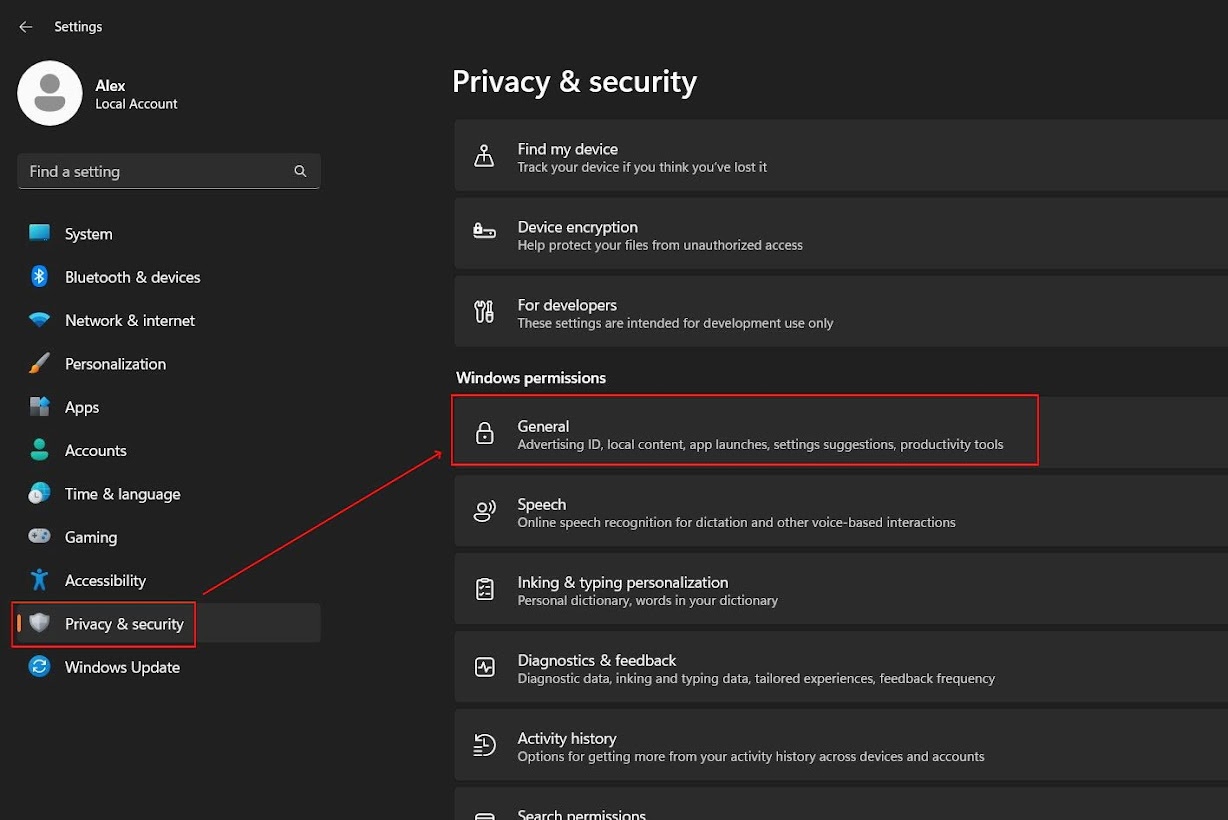 Don't want to see personalized apps or allow Windows access to your data? Turn these options off by going to Settings > Privacy & Security > General.