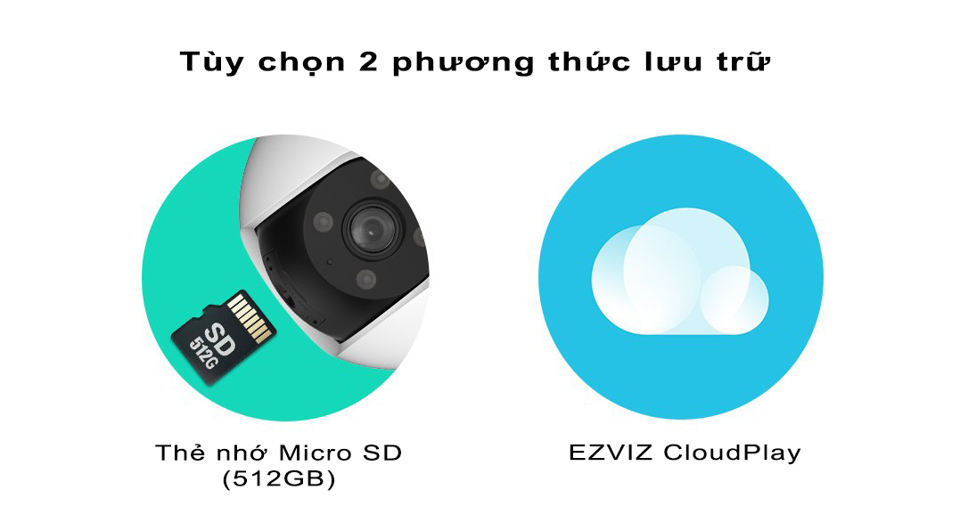 Camera ngoài trời EZVIZ H8 Pro 3K cung cấp 2 phương thức lưu trữ, bao gồm thẻ nhớ 512GB hoặc đám mây CloudPlay