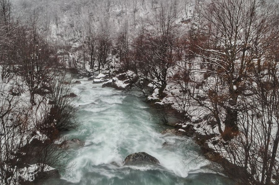 A long-exposure picture of a river in Valbona Valley, Kukes County, Albania