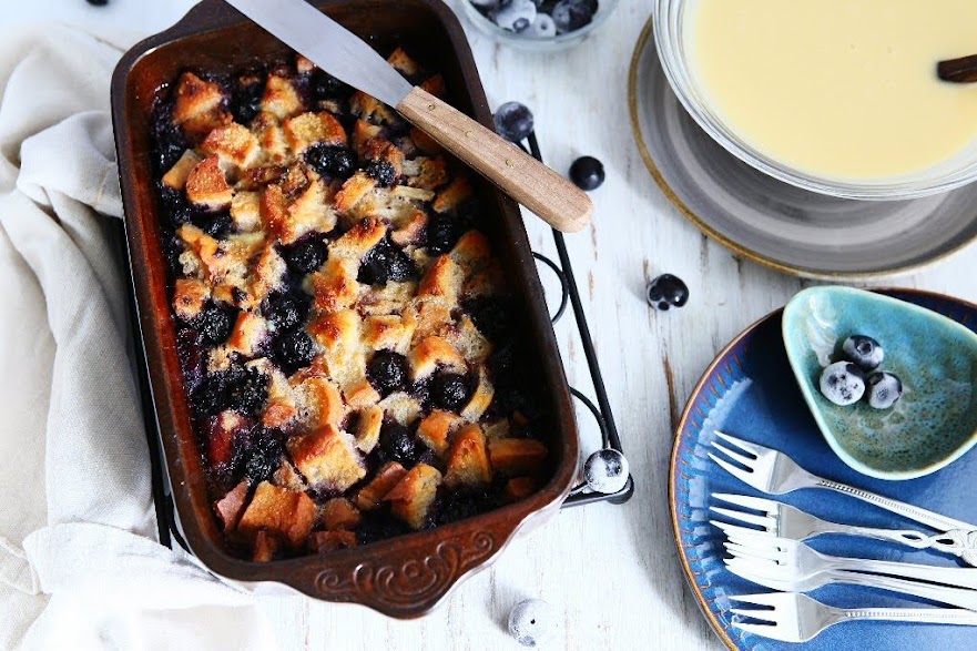 Bread Pudding with Blueberries and German Vanilla Sauce