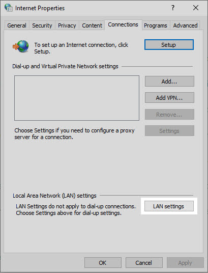 Click on the Connections tab. Click on the LAN settings button under the Local Area Network (LAN) settings section.