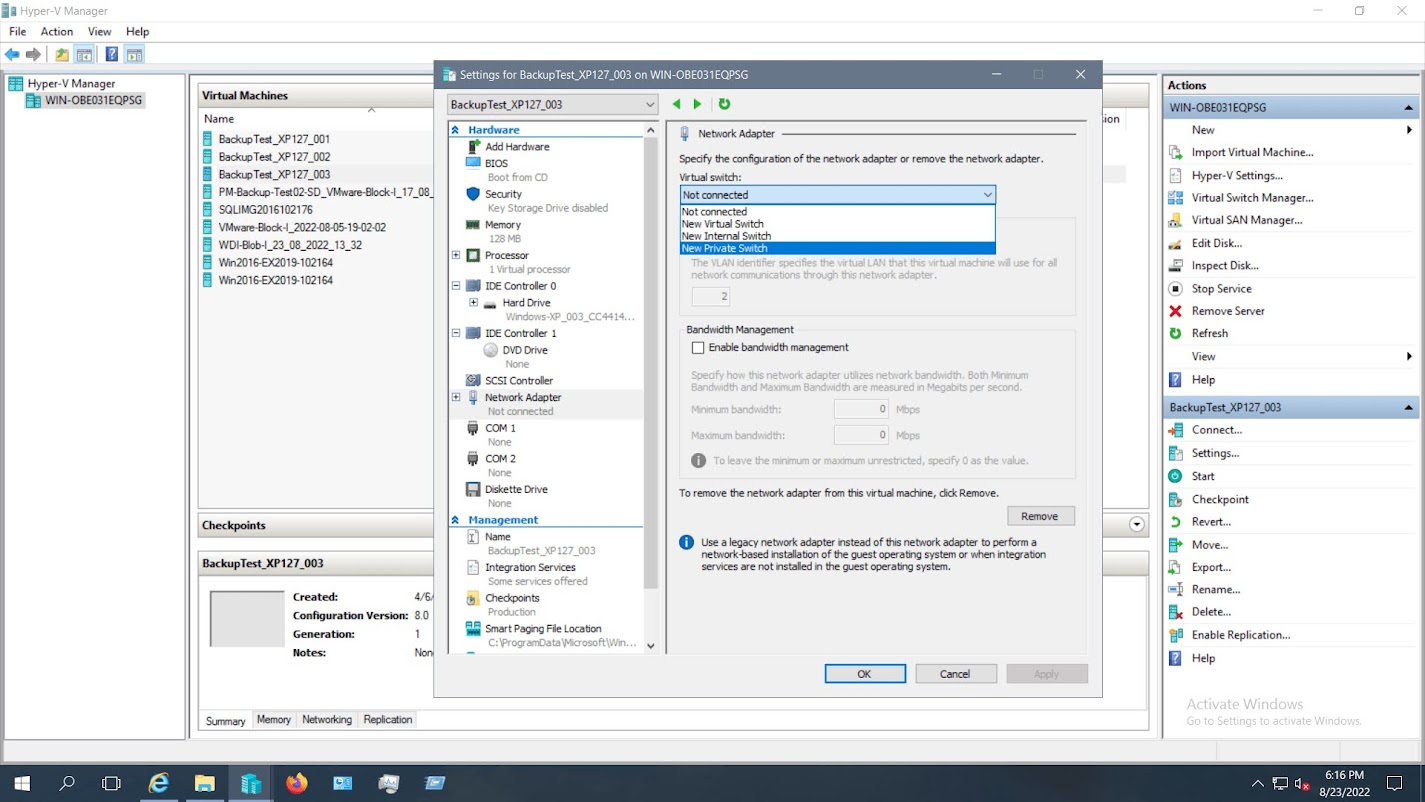 Click on the Network Adapter in the Hardware list on the left pane. You can find the newly created ptivate virtual switch in the drop-down list of the Virtual switch.