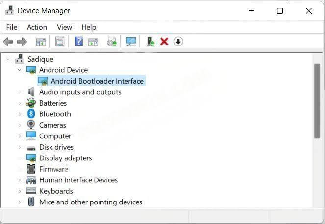 The Android Bootloader Interface option show under the Android Device option.