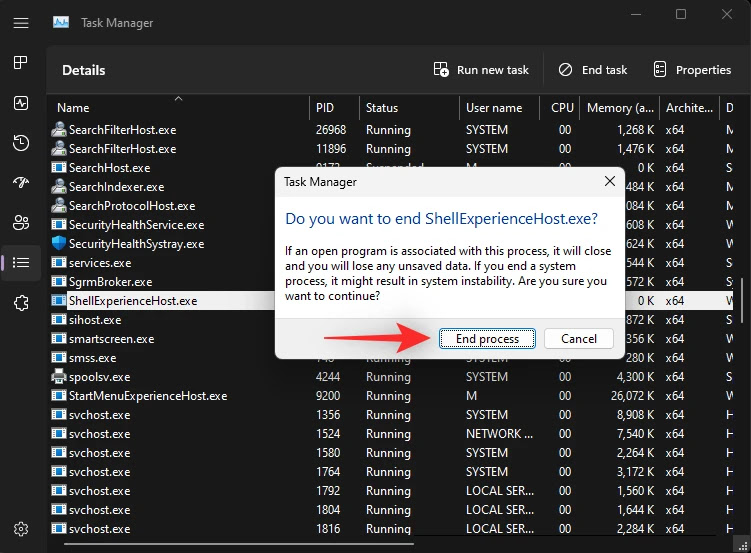 Click on the End process button to confirm.