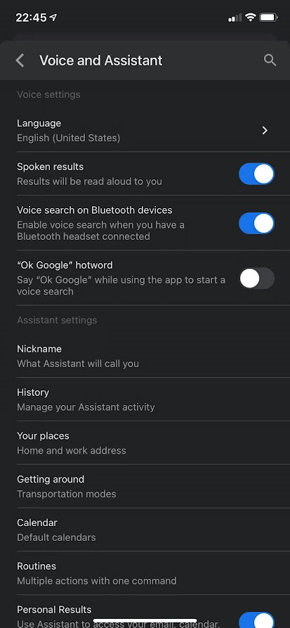 Toggle off the "OK Google" hotword slider to prevent the Google app from starting voice search.