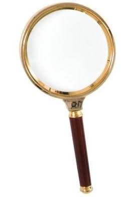 Gold-rimmed magnifying glass with brown handle.
