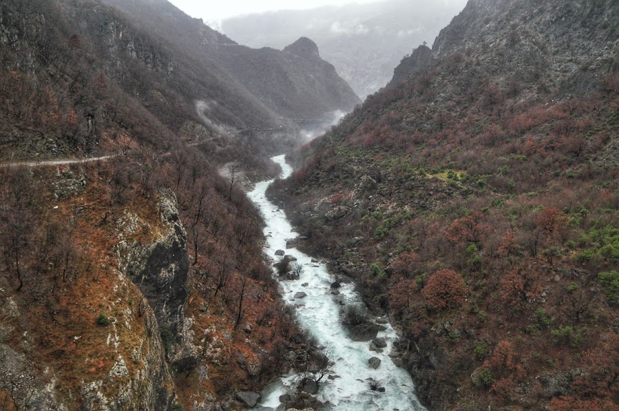 A river flowing through Vukel, Shkoder County, Albania winter time.