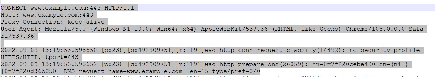 Client browser sends an HTTP/1.1 connect method request toward the destination URL.
