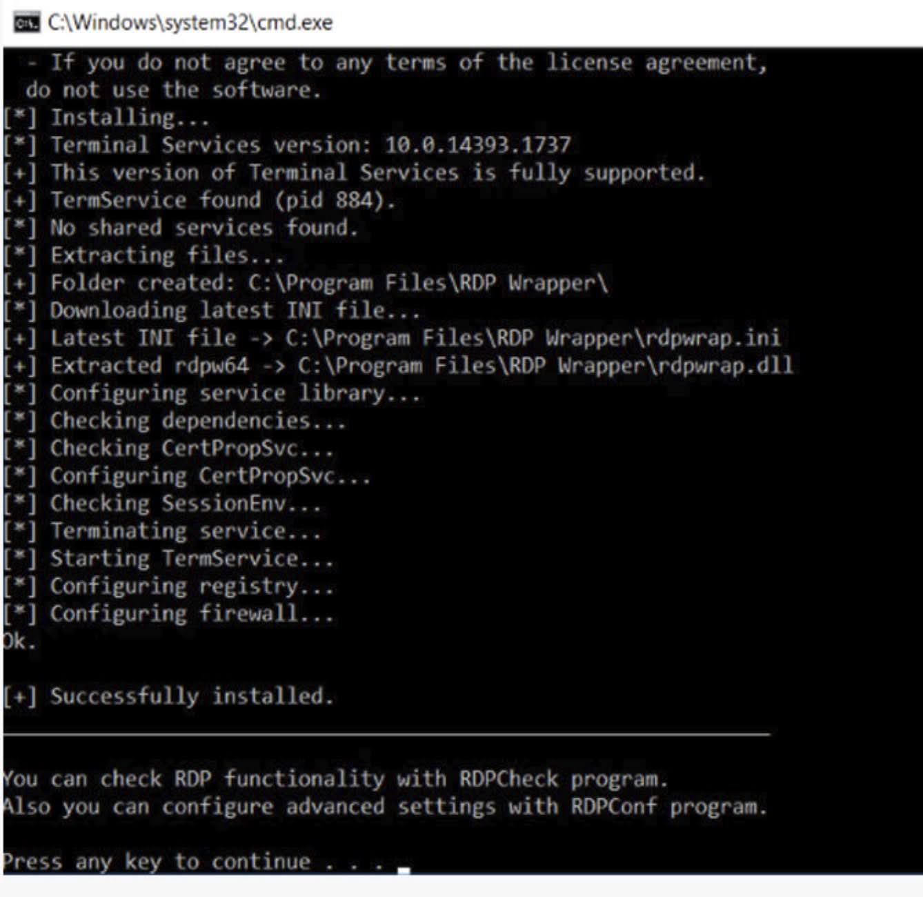 The program will access the GitHub site for the most recent versions of the ini file during the installation, then install it to the C:\Program Files\RDP Wrapper directory.