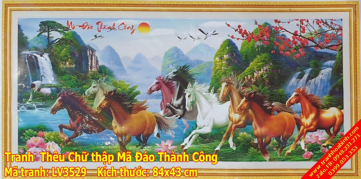 Tranh thêu chữ thập Mã đáo thành công - Bát Mã Truy Phong