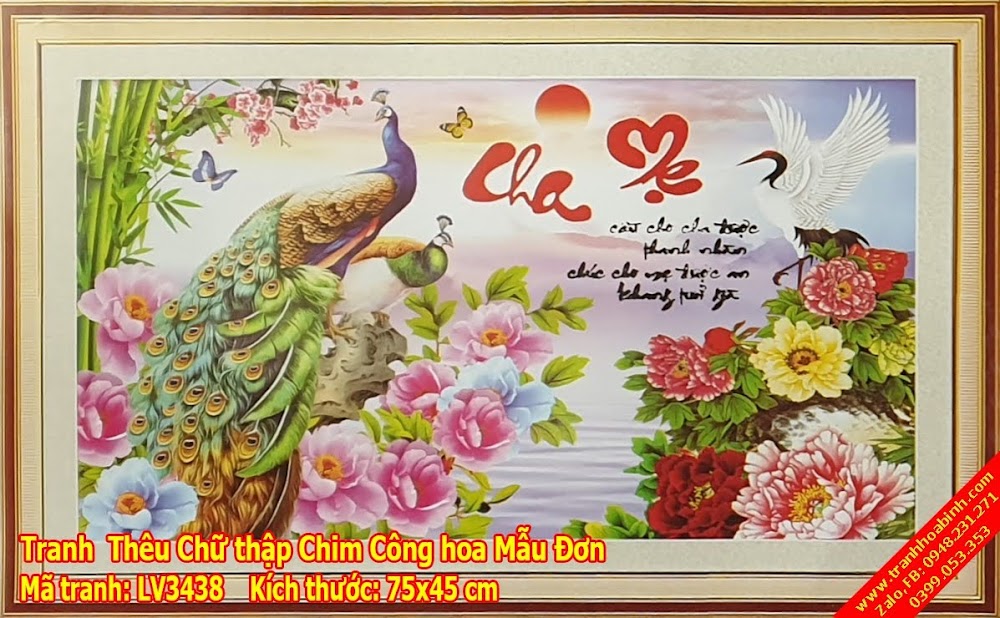 Tranh thêu chữ thập thư pháp Cha Mẹ Chim công mẫu đơn