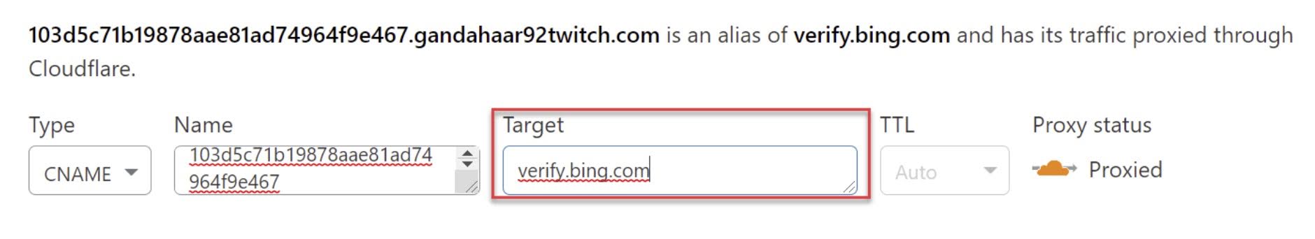 Paste a copied name in the Name box and enter verify.bing.com in the Target box.