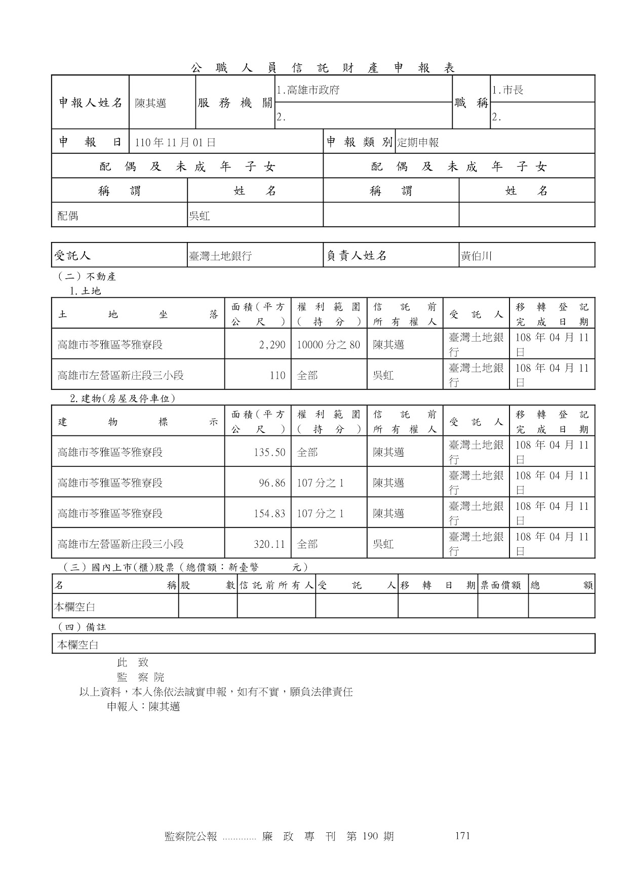 陳其邁-公職人員財產申報資料-廉政專刊第190期