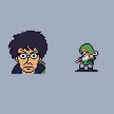 Pixel art sprite and portrait of a man with glasses