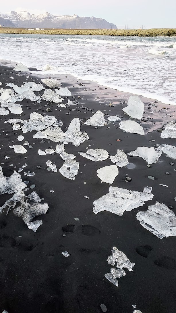 Glaciers and Diamond Beach: In the southeast coast of Iceland you can find the famous Diamond Beach, where icebergs from Jökulsárlón Glacier Lagoon have been polished to translucence by the ocean waves so they look almost like diamonds, then wash ashore on the black sand beach