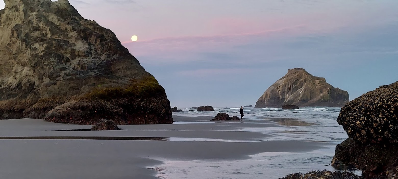 Moonset at Face Rock Viewpoint in Bandon, Oregon as dawn approaches