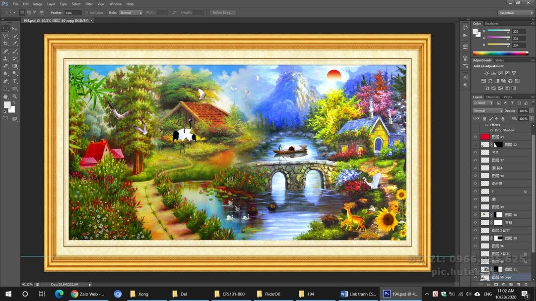 File Tranh Thác Nước Phong Thủy - file gốc tranh phong cảnh in deco lụa kính 3D canvas