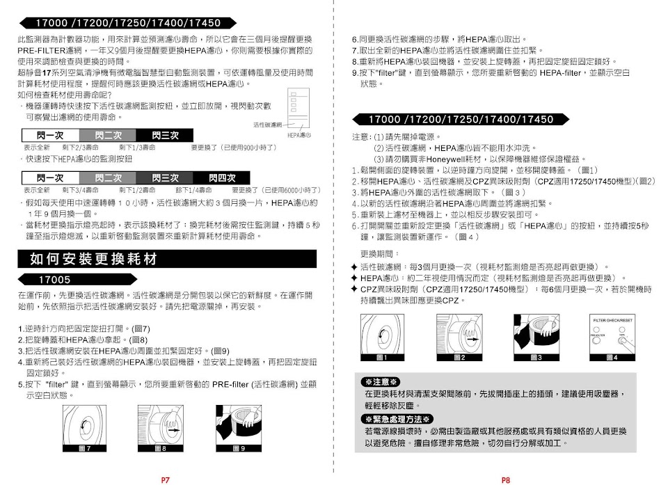 HONEYWELL 空氣清淨機 17系列 (17000|17200|17400|17250|17450)-使用說明書