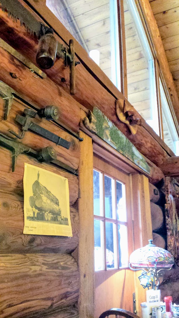 Camp 18 Restaurant, a must stop on the way to the Oregon Coast on US 26 on the way to US 101. Inside the main log cabin of the restaurant you will find all sorts of wooden carvings and photos and smaller logging equipment exhibits on the walls