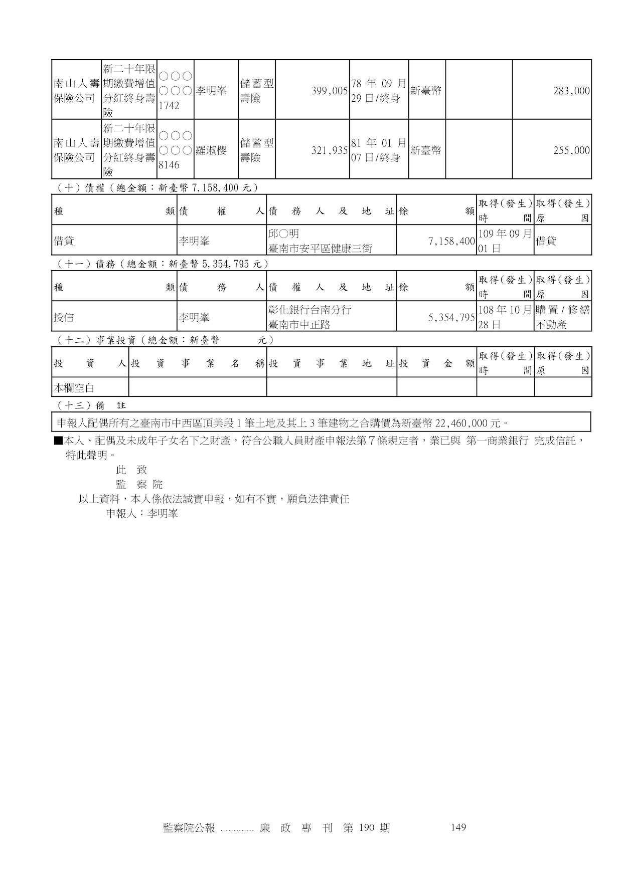 李明峯-公職人員財產申報資料-廉政專刊第190期