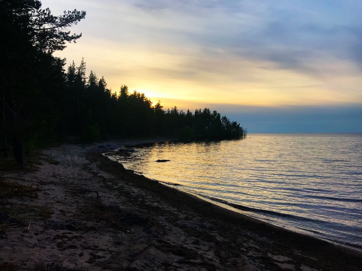 Ladoga Lake beach at sunset