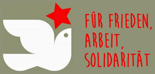 Friedenstaube mit rotem Stern: Für Frieden, Arbeit, Solidarität.