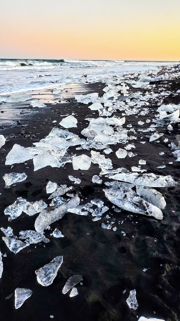 Glaciers and Diamond Beach: In the southeast coast of Iceland you can find the famous Diamond Beach, where icebergs from Jökulsárlón Glacier Lagoon have been polished to translucence by the ocean waves so they look almost like diamonds, then wash ashore on the black sand beach