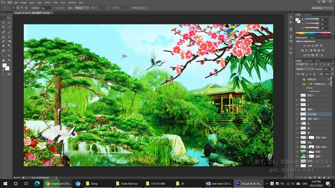 File Tranh Hồ Nước Cây Tùng Hoa Đào 59 - file gốc tranh phong cảnh in deco lụa kính 3D canvas