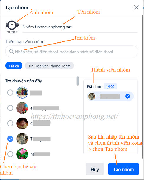 Nhập tên nhóm và chọn thành viên