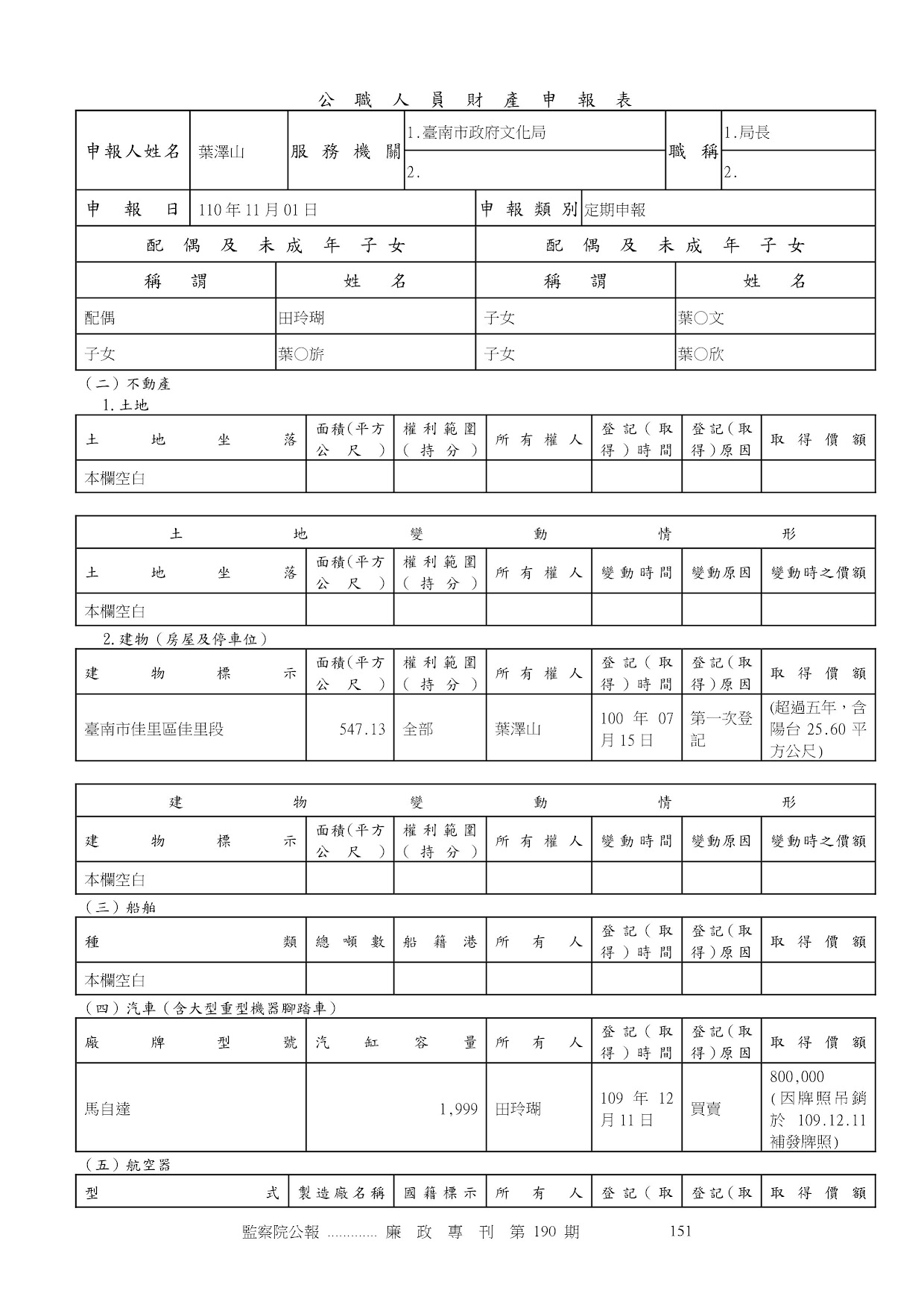 葉澤山-公職人員財產申報資料-廉政專刊第190期