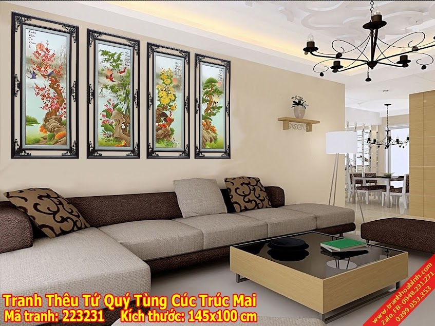 Tranh thêu chữ thập tứ quý Tùng Cúc Trúc Mai